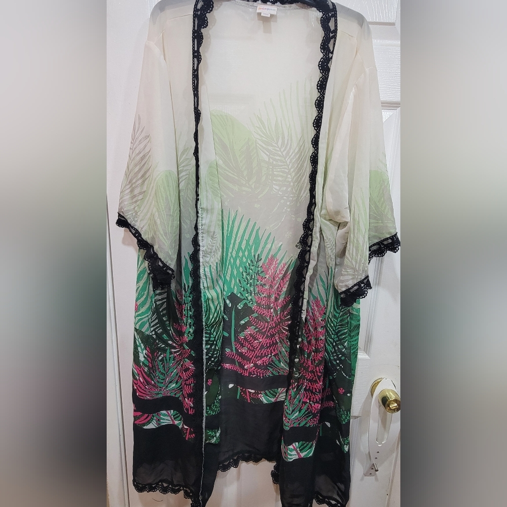 LuLaRoe Sheer Kimono with Leaf Print and Black Lace